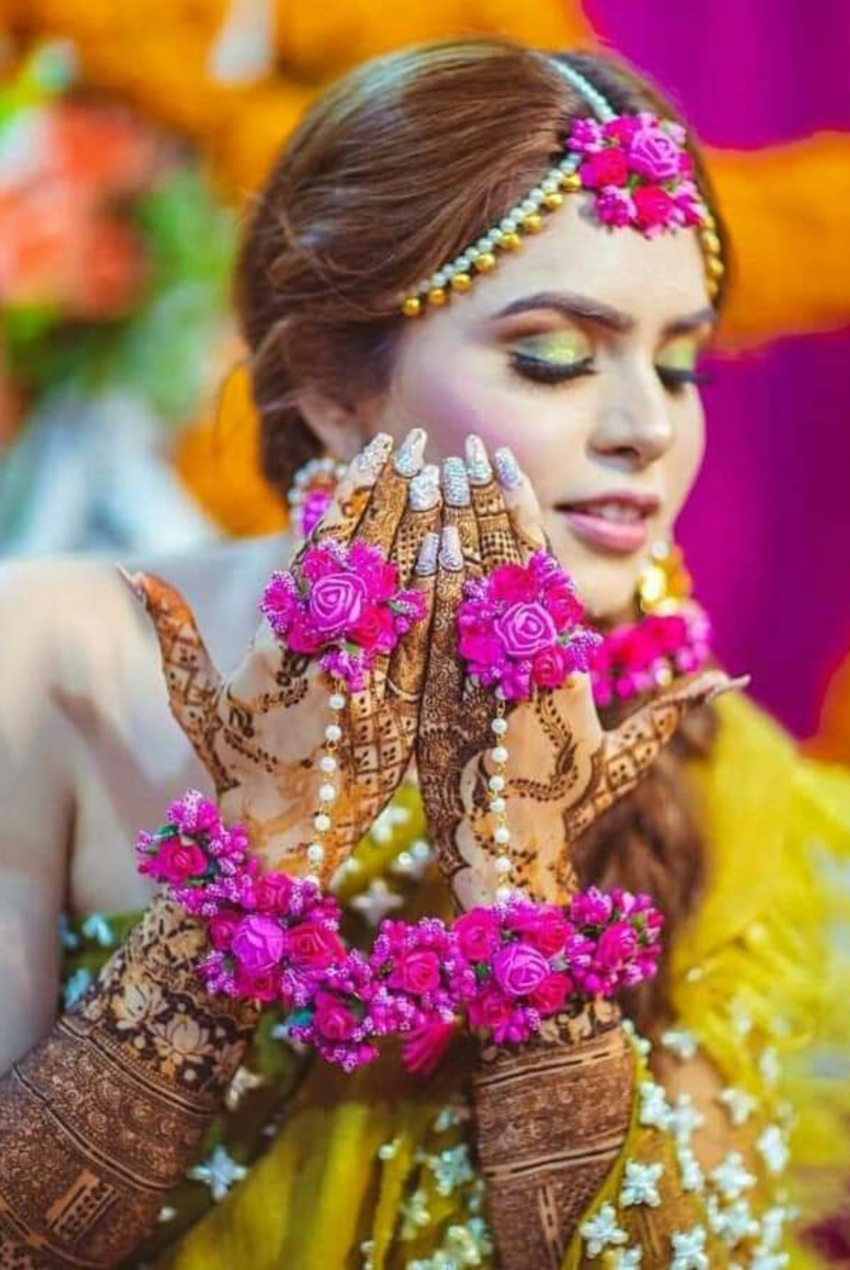 Stunning Pink Artificial Flower Jewelry Set for Haldi and Mehendi